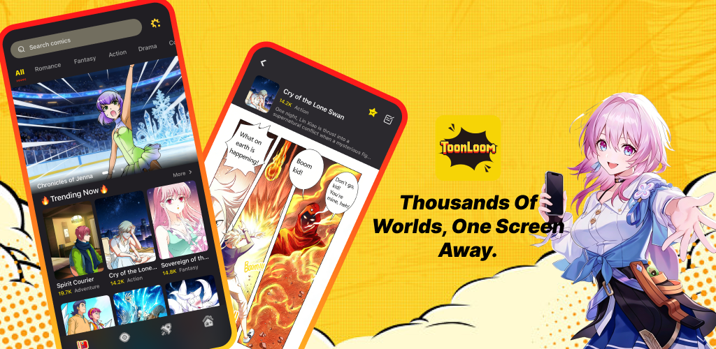 ToonLoom banner showing manga reading screens, ToonLoom logo, and anime character